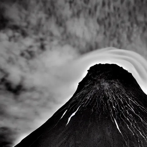 Image similar to Close-up of a heavy-armored soldier standing infront of an erupting volcano, black and white, professional photography, eerie, cinematic