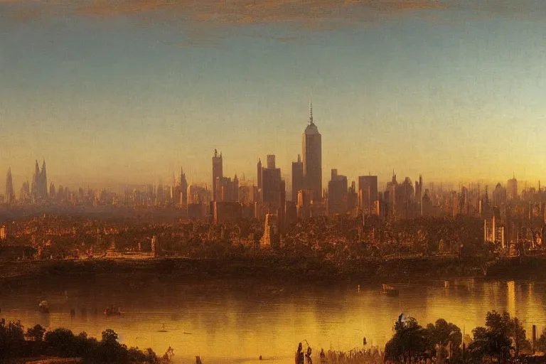 Prompt: downtown new york city, 1 8 0 0 s, rule of thirds, matte painting, highly detailed, cinematic lighting, by albert bierstadt, frederic edwin church