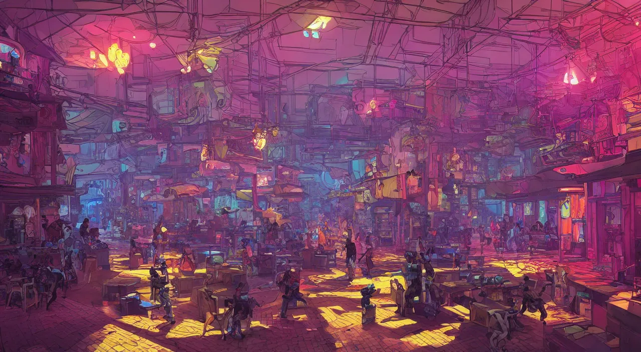 Image similar to bazaar zouk oriantal full color sky shine place mosquet painting stylized digital illustration video game icon global illumination ray tracing that looks like it is from borderlands and by feng zhu and loish and laurie greasley, victo ngai, andreas rocha, john harris