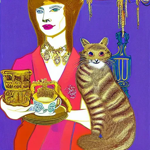 Prompt: a stunning hyper-detailed painting by Warhol of a slender beautiful woman with straight long ginger hair and bangs, wearing a luxurious silk robe and retro eyeglasses and a jeweled gold crown, posing with her large ginger tabby cat and raccoon and parrots on an elaborate throne in her high-ceiling Victorian living room, holding a porcelain parrot-shaped coffee mug and a donut, perfect eyes, fashion photography, dramatic cinematic lighting, octane render, IBEX Masters, unreal engine, 85 mm lens, paisley wallpaper