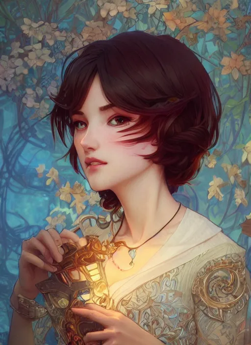 Image similar to beautiful girl short hair, cute, intricate, highly detailed, digital painting, trending on artstation, concept art, smooth, sharp focus, backlit, rim light, vivid colors, illustration, unreal engine 5, 8 k, art by rossdraws and alphonse mucha