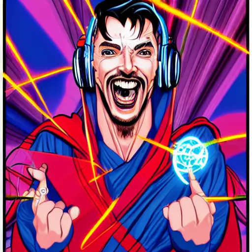 Image similar to artgerm, psychedelic laughing cybertronic dr. strange, rocking out, headphones dj rave, digital artwork, r. crumb, svg vector