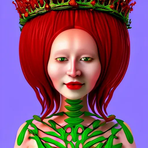 Image similar to cell shaded humanoid onion goddess, flower vine dress, crown, artstation, 4 k gorgeous, smiling, red hair regal, garlic scepter