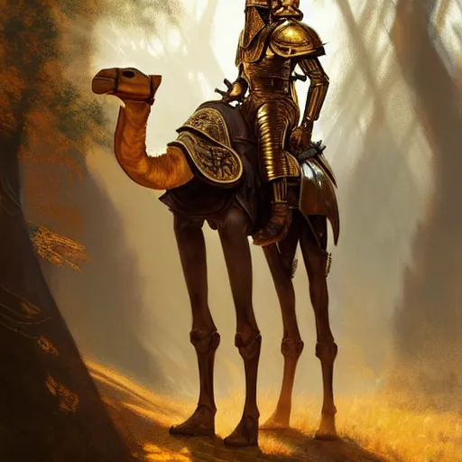 Image similar to photo of a humanoid camel dressed in armor with a golden helmet on the head, hold sword in the forest, highly detailed, digital painting, artstation, smooth, sharp focus, illustration, art by artgerm and greg rutkowski and alphonse mucha