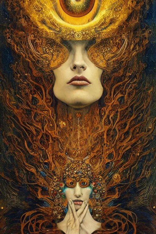 Image similar to Divine Chaos Engine by Karol Bak, Jean Deville, Gustav Klimt, and Vincent Van Gogh, beautiful visionary mystical portrait, sacred, otherworldly, fractal structures, ornate gilded medieval icon, third eye, spirals