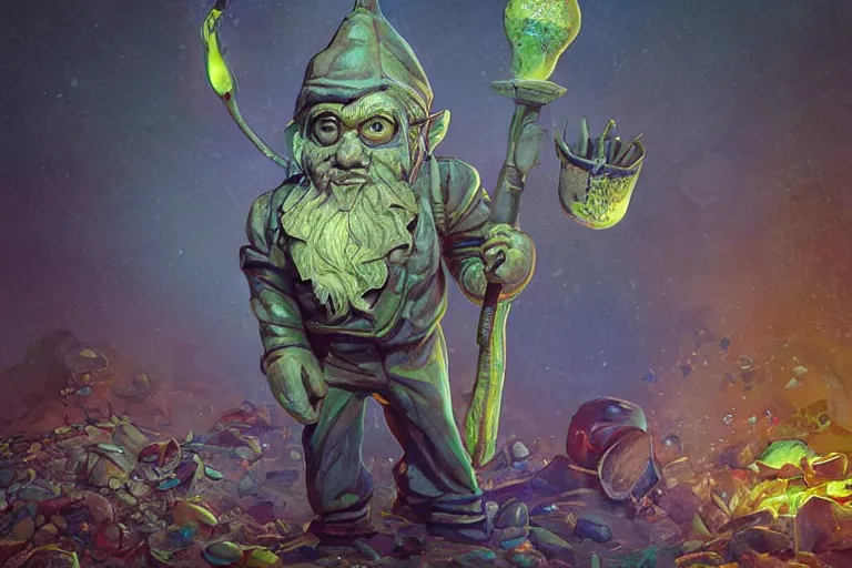 Image similar to polyethylene gnome,art by Patrick Woodroffe and Brian Lee Durfee and Neil Gaiman,trending on artstation, toxic lighting macro view,blueprint ,splash art,Toonami ,figurativism ,fat,