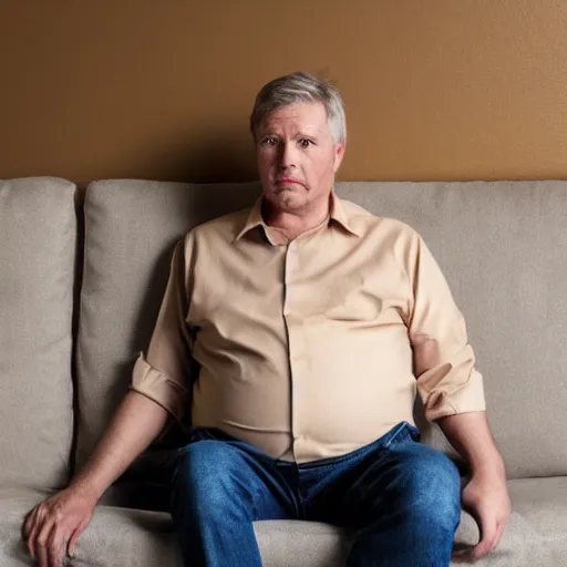 Image similar to full body photo of steve, mature male, mysterious face. he is sitting gracefully on a sofa, elegant slim beige shirt, tight shirt, big chubby belly