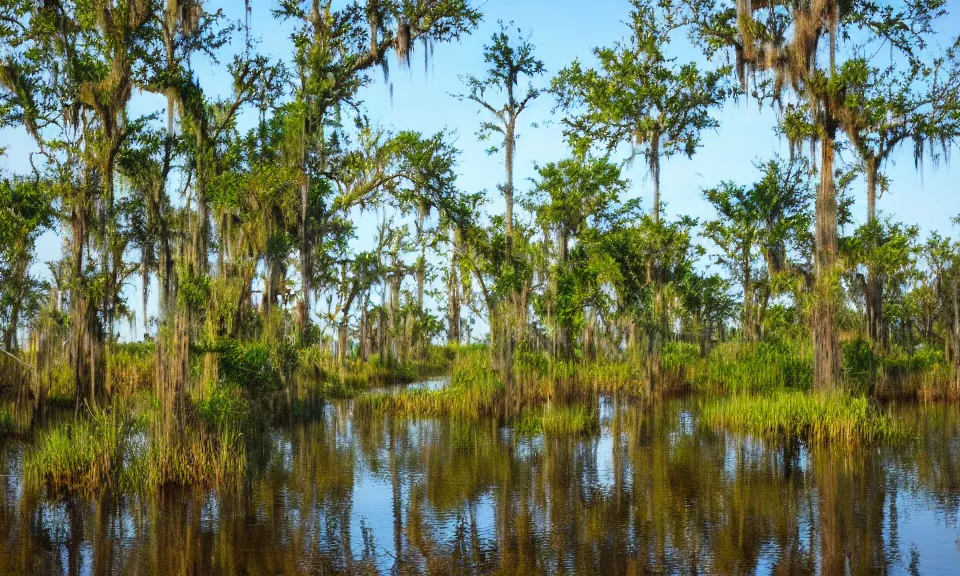 Prompt: A baldcypress marsh in the bayous of Louisiana, Cajun fishing village. Trending on Artstation