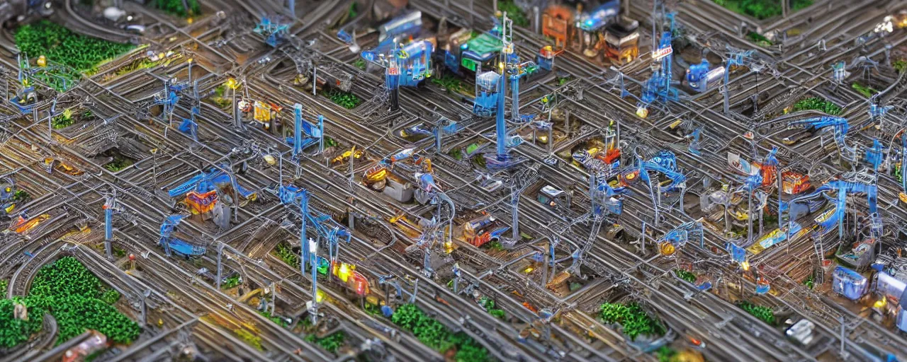 Prompt: mega detailed miniature voxel diorama of huge railway junction, futuristic architecture, tilt shift, industrial lights, by night clean and sterile atmosphere, several trains nearby, near future 2 0 3 0