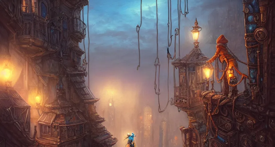 Image similar to landscape painting of fantasy metal steampunk city that has a light blue glow with walkways and lit windows and a fine detailed hooded thief in browns leathers climbing one of the tall buildings using a rope, fine details, magali villeneuve, artgerm, rutkowski