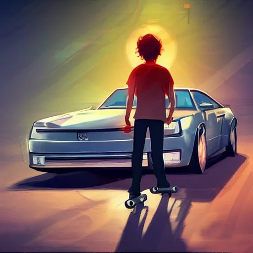 Image similar to a man holding a skateboard standing in front of a car, concept art, featured on cgsociety, retrofuturism, outrun