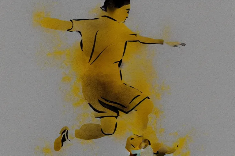 Image similar to beautiful serene amateur soccer player, healing through motion, life, minimalistic golden and ink airbrush painting on white background