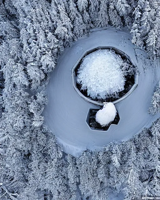 Image similar to a snowy owl's nest in the alps, zoomed out, shot from drone, iphone capture