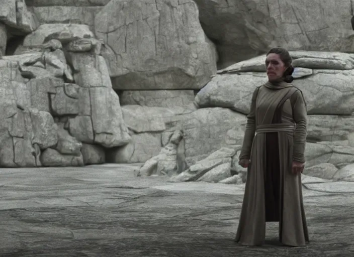 Image similar to portrait of Princess Leia alone at Jedi Temple scene from the last jedi, 2022, film by Stanley Kubrick, 4k serene, iconic , photoreal Carrie fischer, detailed stunning cinematography, hyper detailed, sharp, anamorphic lenses, kodak color film