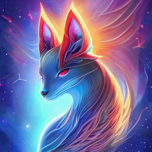 Image similar to geometric symmetrical flareon with galaxy eyes in space, nebula in the background, intricate, elegant, highly detailed, digital painting, artstation, concept art, smooth, sharp focus, illustration, art by artgerm