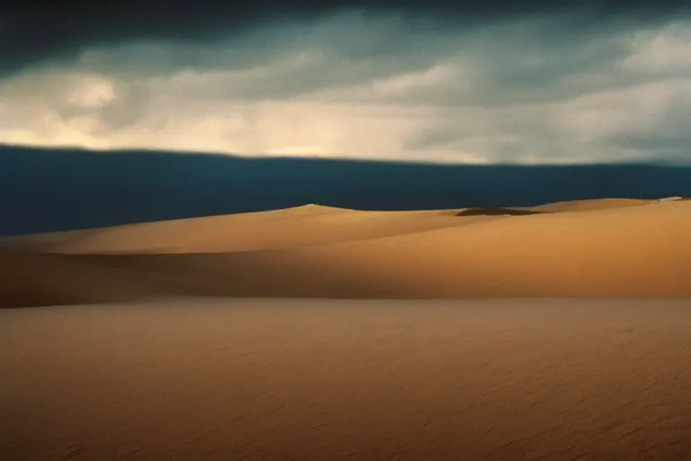 Prompt: a cinematic photograph of a storm in a serene vast desert, dune, cinematic, movie still, dramatic lighting, by bill henson, 1 6 : 9 ratio