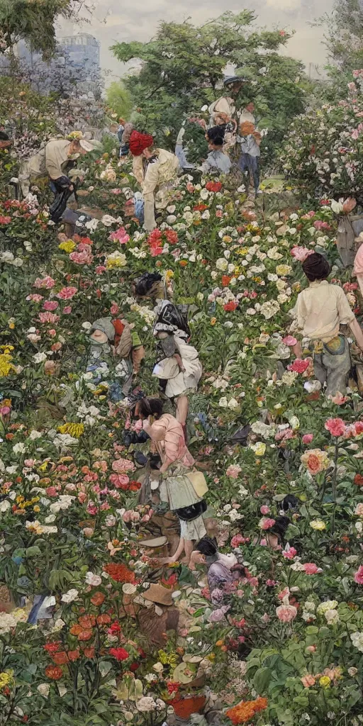 Image similar to oil painting scene from gardeners crowd in the flower garden by kim jung gi