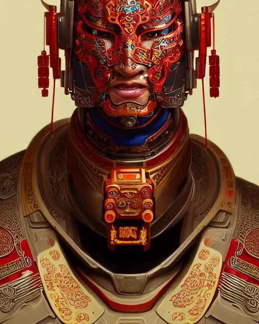 Image similar to portrait of a chinese masculine male cyberpunk machine, machine face, upper half portrait, decorated with chinese opera motifs, muscular, asian, fine china, wuxia, traditional chinese art, intricate, elegant, highly detailed symmetry headpiece digital painting artstation concept art smooth sharp focus illustration, art by artgerm and greg rutkowski alphonse mucha 8 k