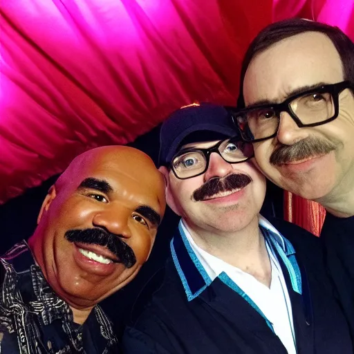 Image similar to a selfie of Steve Harvey and Rivers Cuomo From Weezer