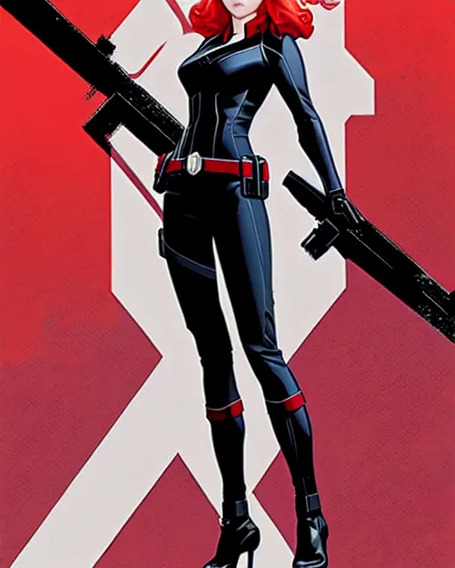 Image similar to phil noto comicbook cover art, black widow marvel, symmetrical eyes, long red hair, full body, city rooftop