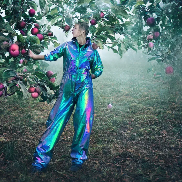 Prompt: a closeup portrait of a woman wearing a muddy iridescent holographic ski suit, picking apples from a tree in an orchard, foggy, moody, photograph, by vincent desiderio, canon eos c 3 0 0, ƒ 1. 8, 3 5 mm, 8 k, medium - format print