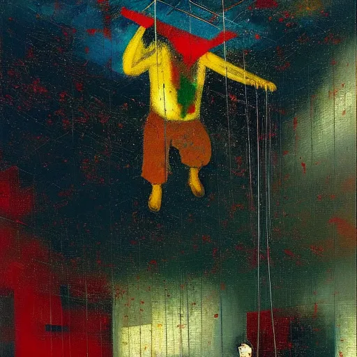 Image similar to a mechanical god hangs from the ceiling in a cold and empty room, a high detailed mordecai ardon painting, by adrian ghenie and gerhard richter. art by james gurney. masterpiece, deep colours.