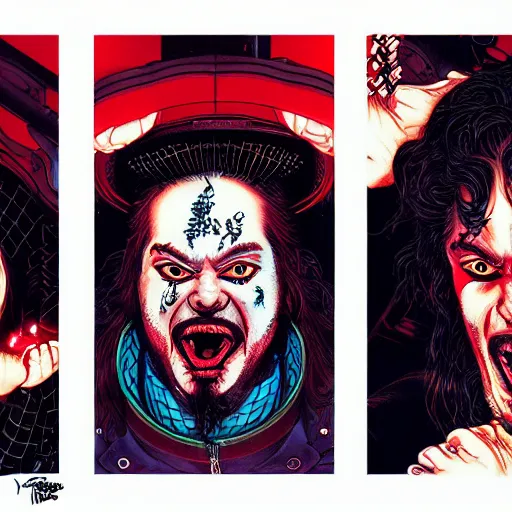 Image similar to portrait of crazy singing post malone with red eyes like hal 9 0 0 0, as vampire, symmetrical, by yoichi hatakenaka, masamune shirow, josan gonzales and dan mumford, ayami kojima, takato yamamoto, barclay shaw, karol bak, yukito kishiro