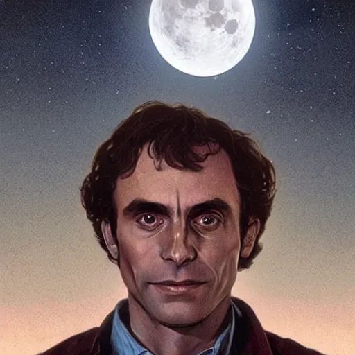 Prompt: the image of ted bundy with outstretched arms between the moon and the sun and a thousand stars ultra realistic, concept art, intricate details, serious, highly detailed, photorealistic, octane render, 8 k, unreal engine, art by todd mcfarlane and artgerm and greg rutkowski and alphonse mucha