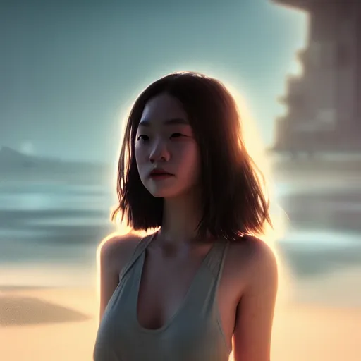 Prompt: a photorealistic hyperrealistic, jade hsu, girl on the beach, beautiful dynamic dramatic low - light moody lighting, cinematic atmosphere, artstation, concept design art, octane render, 8 k