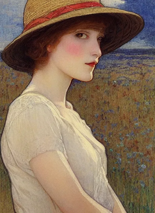 Image similar to leslie burke with straw hat, mucha