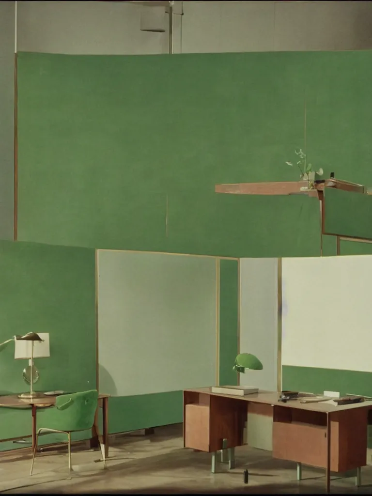 Image similar to a still of severance series indoor 7 0 s green velvet and wood with metal furniture office scenario appearing in a film of jacques tati