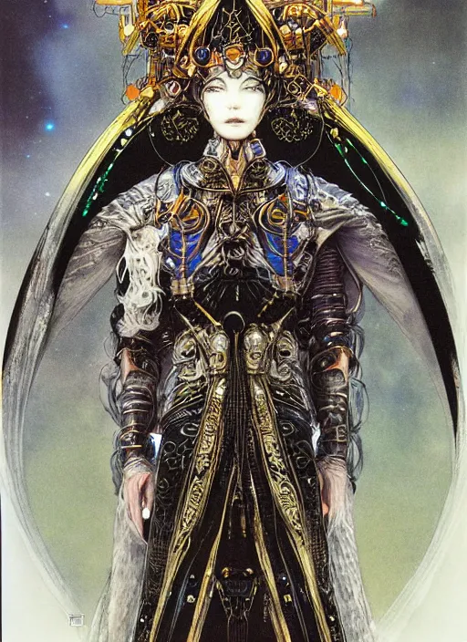 Prompt: a portrait of a scifi technopriest, long robes, elaborate headdress, matte illustration by yoshitaka amano, cover art