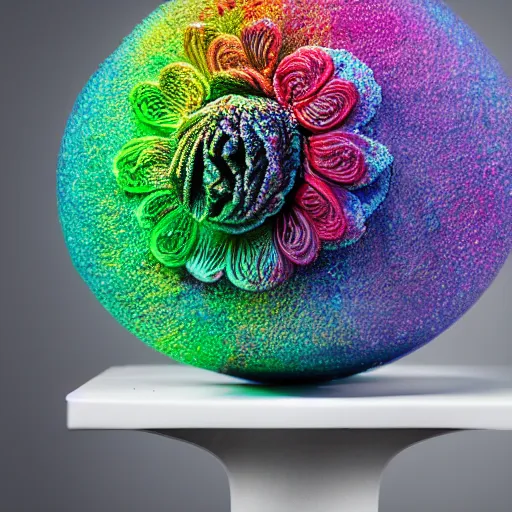 Image similar to An ultra high definition studio photograph of an alien flower in a simple vase on a plinth. The flower is multicoloured iridescent. High contrast, key light, 70mm.