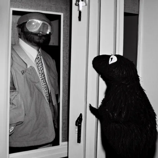 Prompt: photographs of FBI Kermit finding Elmo Esteves in a closet