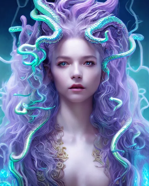 Image similar to cute female medusa woman dragon chimera of iridescent liquid, alchemy, shiny plastic, intricate, bloom, detailed, volumetric lighting, sharp focus, photorealism, digital painting, highly detailed, concept art, by by artgerm and wlop