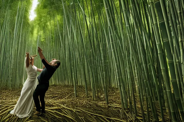 Image similar to cinematography closeup portrait of couple dancing in a bamboo forest, thin flowing fabric, natural light by Emmanuel Lubezki