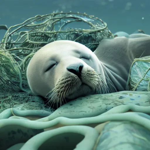 Image similar to Prince in pastel!!!, A seal sleeping peacefully in a kelp forest, cinematic, hyper realistic, detailed, 8k, octane render.