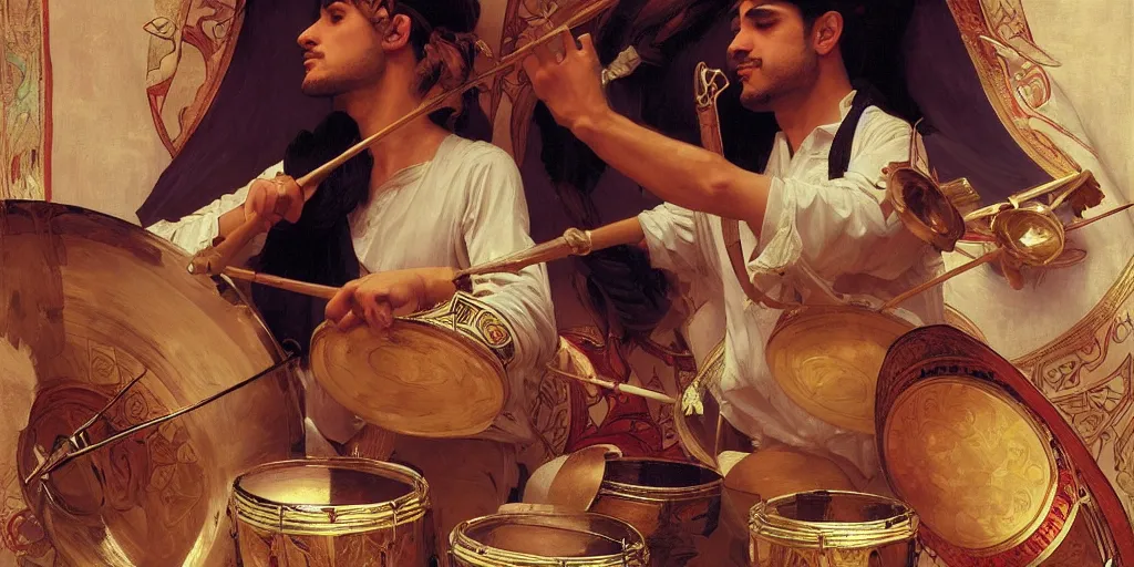 Image similar to a middle eastern drummer playing a drumset, the cymbals are replaced by dishes, elegant, highly detailed, digital painting, artstation, concept art, smooth, sharp focus, illustration, art by artgerm and greg rutkowski and alphonse mucha and william - adolphe bouguereau