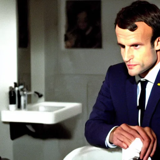 Image similar to Macron in American Psycho toilet scene (1999)