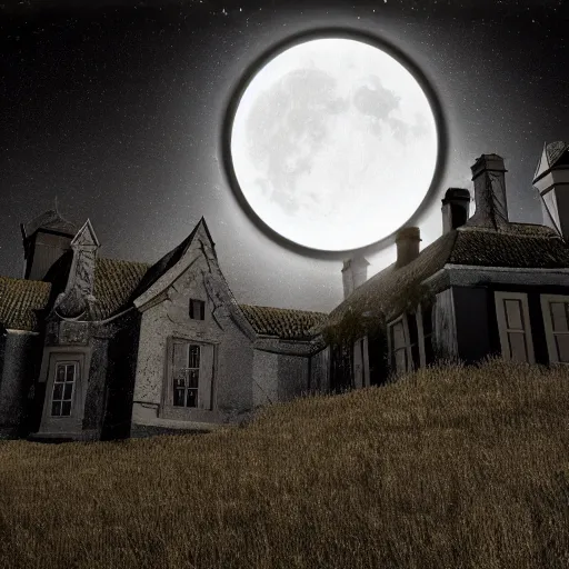 Image similar to A creepy dark big house on the top of a hill, dramatic moonlight scene. Cinematic god ray tracing