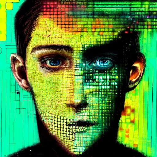 Prompt: hyperrealistic portrait of a cyberpunk teenager, male, smiling, immersed within a glitch network, digital ui, by Guy Denning, Metzinger, Russ Mills, glitch art, hacking effects, glitch effects, digital al tech effects, chromatic, color blocking!, green blockings, acrylic on canvas, concept art, abstract, trending on cgsociety, trending on artstation