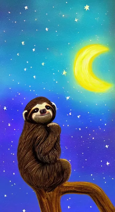 Image similar to beautiful dark night with many stars and clouds, a cute sloth on a tree!!, string lights, everything!! made of thick flowing dramatic paint brush strokes, abstract impressionism, matte colors, trending on artstation