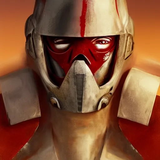 Prompt: a muscular soldier with vertical nose slits, angular eyebrows, wearing blood - spattered glossy sleek white dinged scuffed armor and a long torn red cape, heroic posture, battle - weary, strained expression, determined expression, no helmet, on the surface of mars, dramatic lighting, cinematic, sci - fi, hyperrealistic, detailed