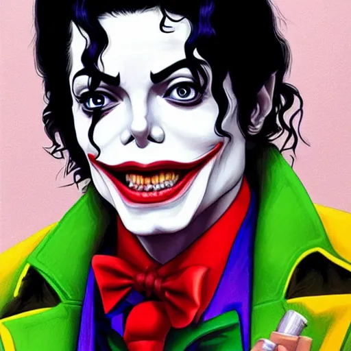 Prompt: michael jackson as the joker laugh on camera. symmetrical anatomy, hyperdetailed, coloured comic, baroque, pop punk art style, fantasy, without duplication, art by artgerm and ilya kuvshinov and vinicius gud and gustavo zambelli, intricate.