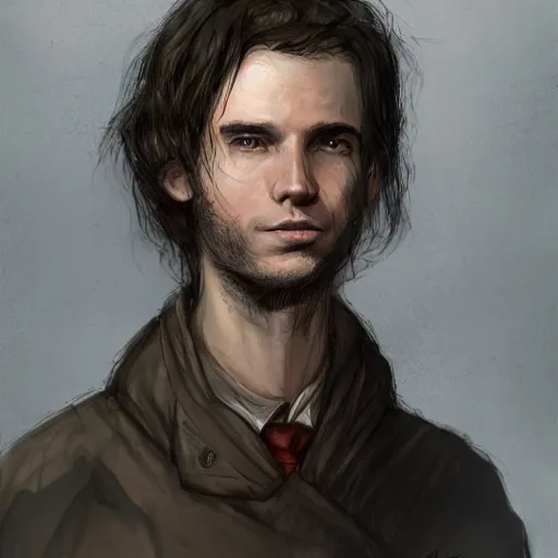 Prompt: Liam O'Brien as a young wizard in a dirty coat, alan lee and marc simonetti and emil melmoth style