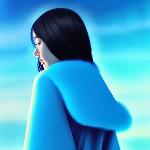 Image similar to giant droplets of water floating around a flying girl with wings, sky blue straight hair, low - angle shot from behind, blue coat, fur scarf, ultra fine detail, dark theme, digital painting, psychedelic, film still, cinematic, wlop, ilya kuvshinov, ross tran