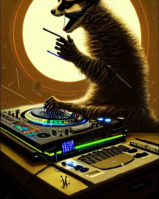 Image similar to cyborg dj raccoon mixing on stage, diffuse lighting, fantasy, intricate, elegant, highly detailed, lifelike, photorealistic, digital painting, artstation, illustration, concept art, smooth, sharp focus, art by john collier and albert aublet and krenz cushart and artem demura and alphonse mucha