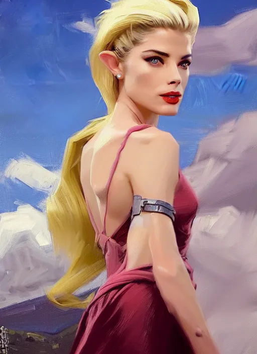 Image similar to A combination of Adriana Dxim and Grace Kelly’s and Ashley Greene's appearance with blonde hair as Zelda, countryside, calm, fantasy character portrait, dynamic pose, above view, sunny day, thunder clouds in the sky, artwork by Jeremy Lipkin and Giuseppe Dangelico Pino and Michael Garmash and Rob Rey and Greg Manchess, very coherent asymmetrical artwork, sharp edges, perfect face, simple form, 100mm