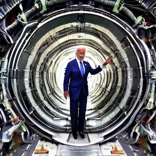 Prompt: Joe BIDEN crawling out of The Large Hadron Collider at cern with a bunch of demons behind him 4k ultra high quality surrealism