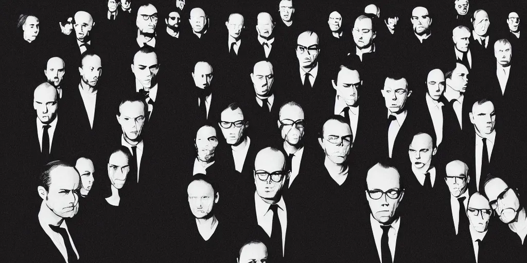 Image similar to Agent Smith, photo of a group, an album cover by David Gilmour Blythe, pinterest, bauhaus, tesseract, composition, national geographic photo, flemish baroque